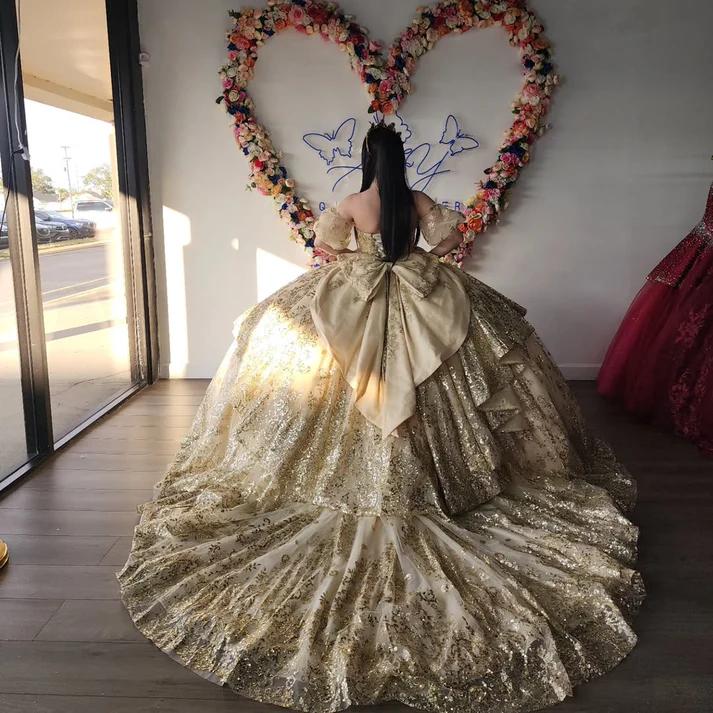 Strapless Short Sleeves Appliques Ruffles Bow Knot Gold Sweet 15 Quinceañera Dress