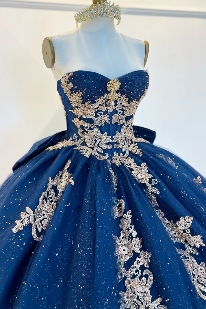 Strapless Sleeveless Navy Sweet 15 Quinceañera Dress with Beaded Gold Appliques Bow Knot
