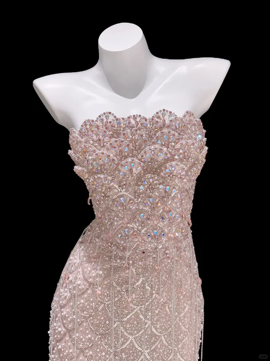 Stunning Light Pink Strapless Mermaid Layered Sequin Long Prom Dress
