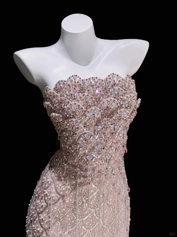 Stunning Light Pink Strapless Mermaid Layered Sequin Long Prom Dress