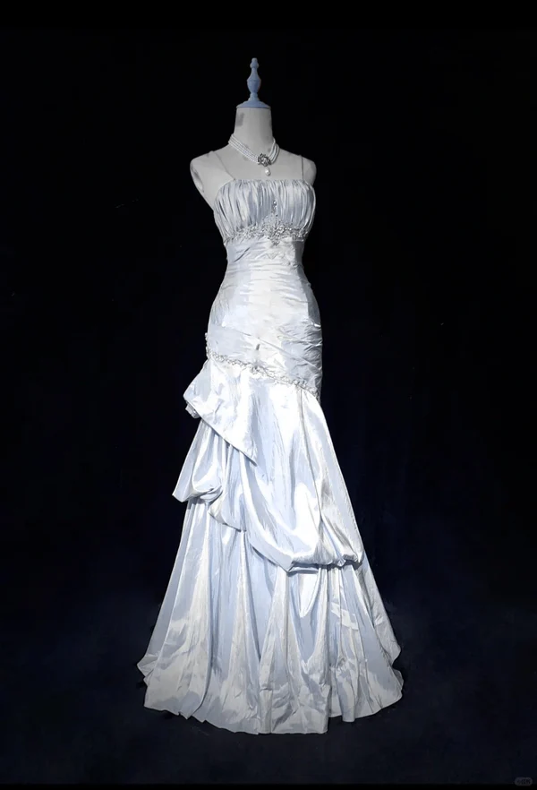 Sweet Spaghetti Straps Mermaid Evening Dress🩷 Pink Satin Layered Pleated Prom Dress with Beading