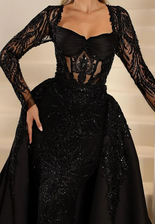 Sweetheart Long Sleeves Lace Appliques Sequins Mermaid Prom Dress