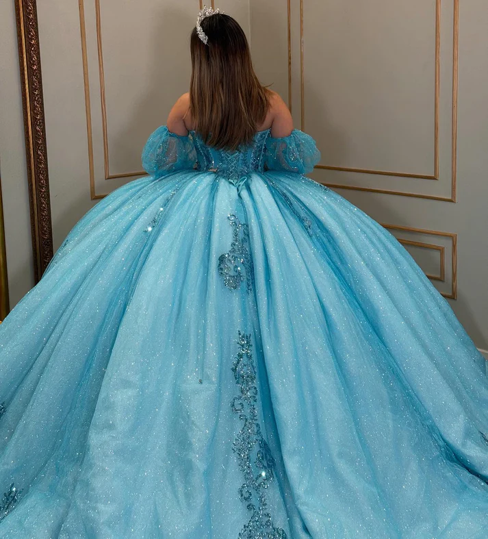 Sweetheart Tulle Lace Beaded Princess Quinceanera Dresses with Detachable Sleeves