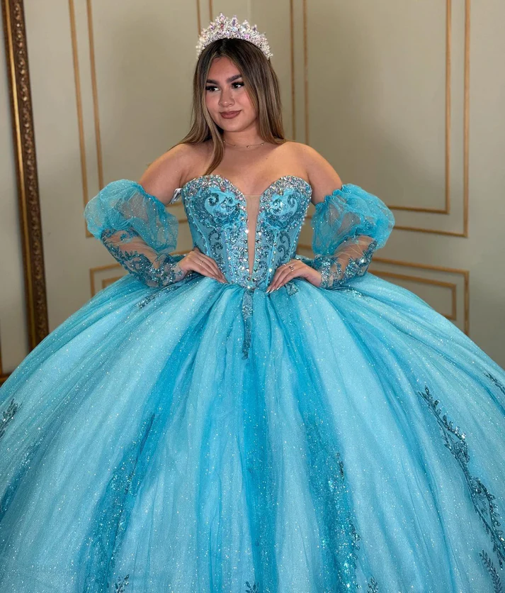 Sweetheart Tulle Lace Beaded Princess Quinceanera Dresses with Detachable Sleeves