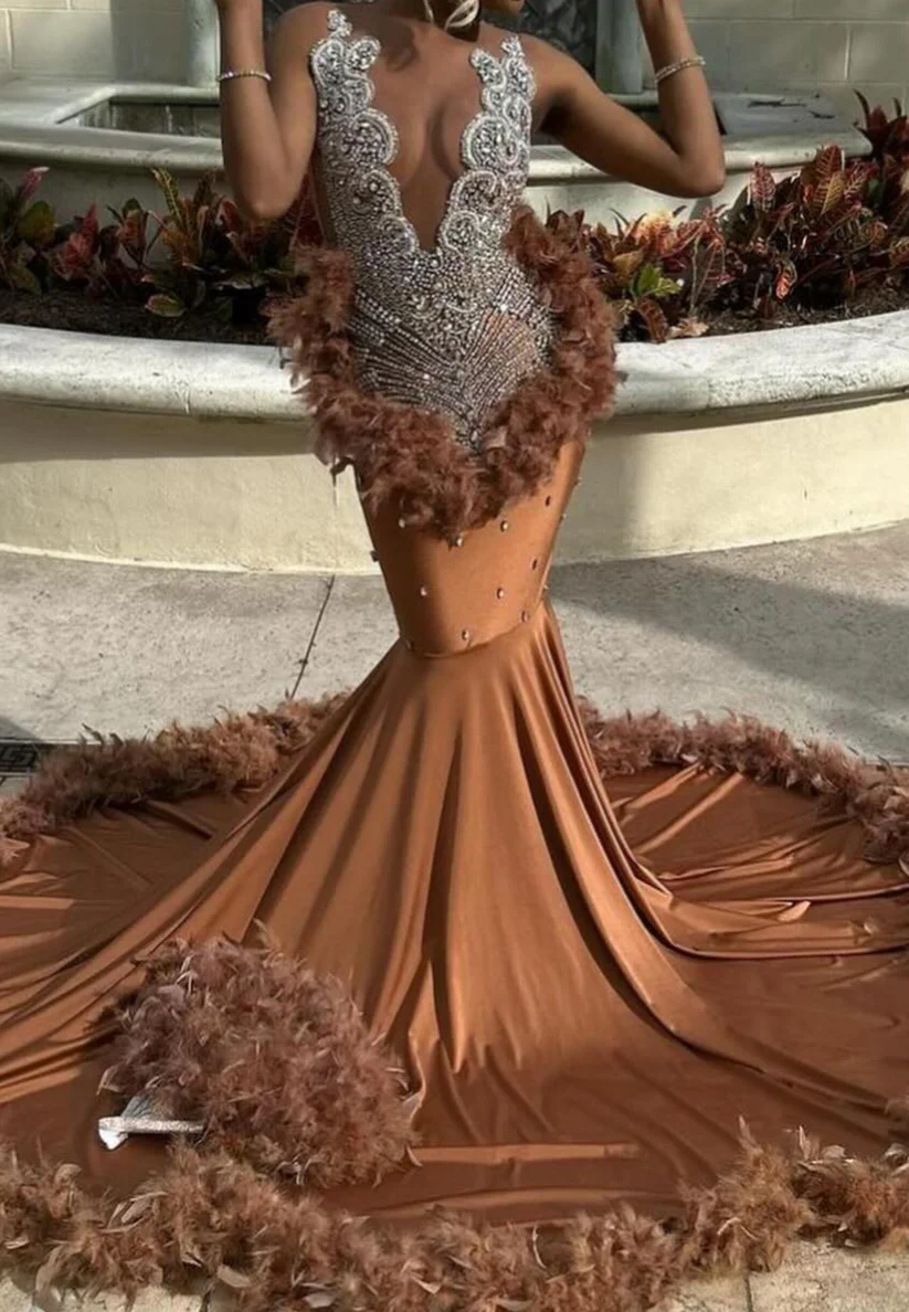 V-Neck Beaded Feathered Pleated Mermaid Prom Dress for Black Girls