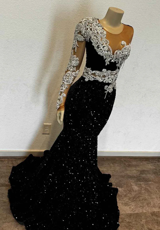 V-Neck Long Sleeves Beaded Sequins Sparkly Mermaid Prom Dress for Black Girls
