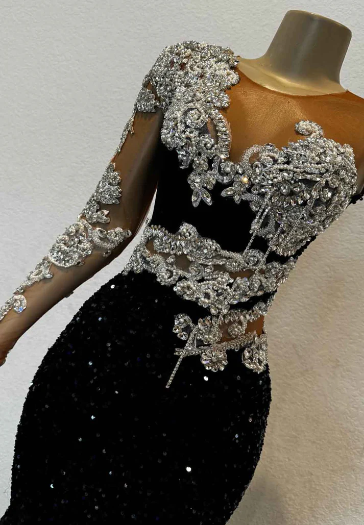 V-Neck Long Sleeves Beaded Sequins Sparkly Mermaid Prom Dress for Black Girls