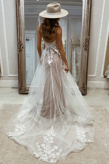 White Lace Straps Backless Wedding Dress