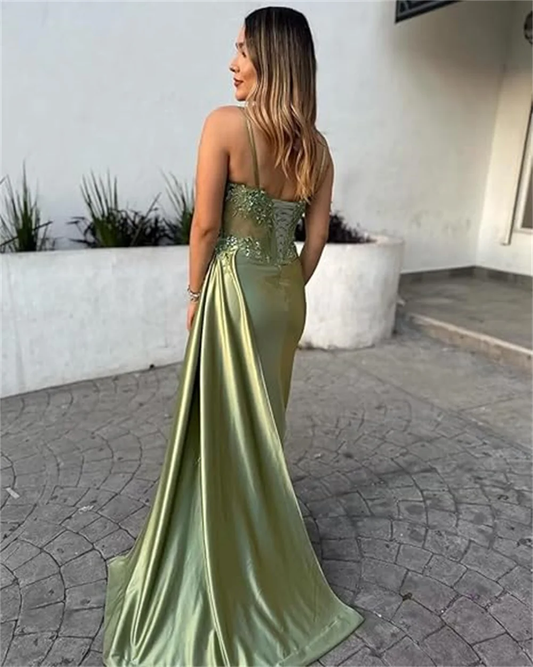 Women's Mermaid Satin Long Prom Dress Spaghetti Strap Lace Applique Formal Evening Gowns Side Slit Party Dress