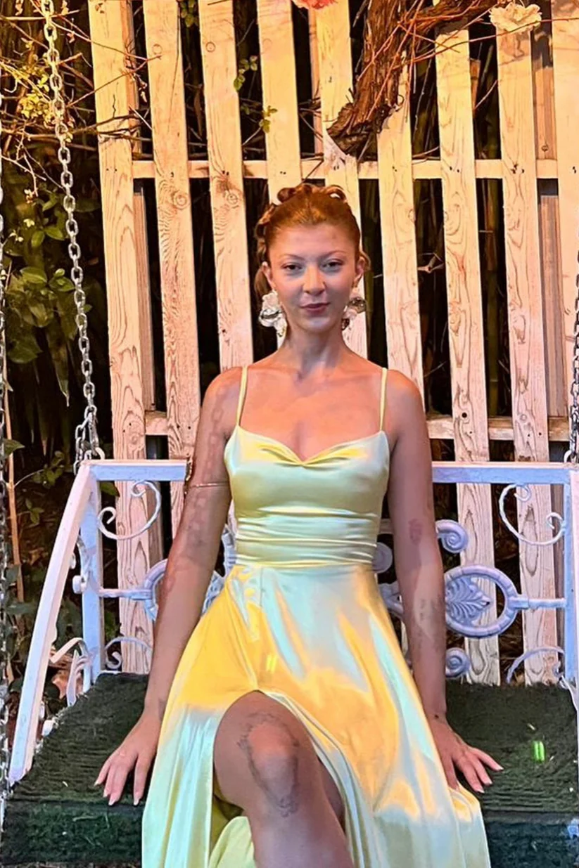Yellow A-line Spaghetti Straps Side Slit Prom Dress
