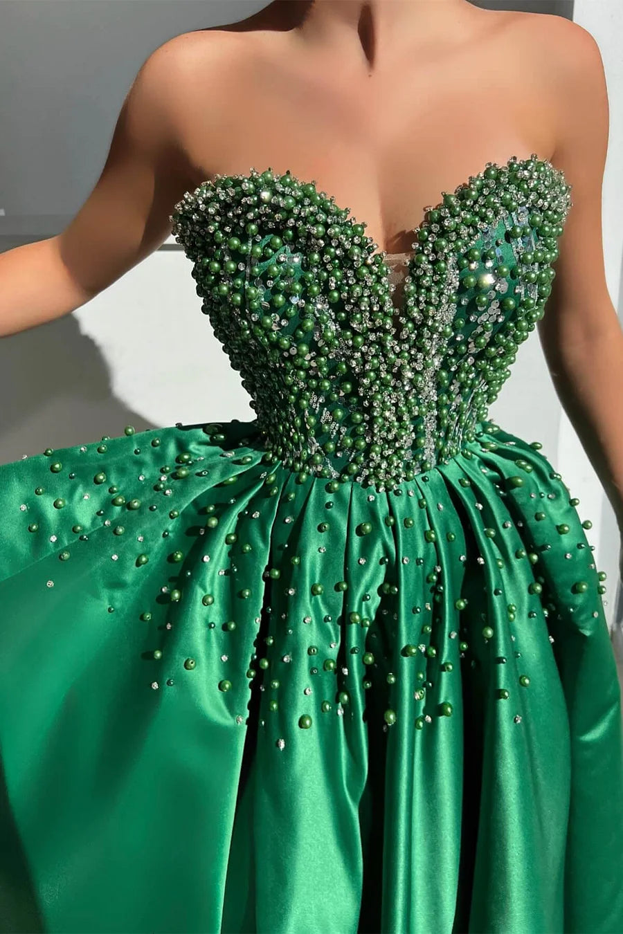 Emerald Green Sweetheart Sleeveless A-Line Prom Party Dress With Split Beads Pearls