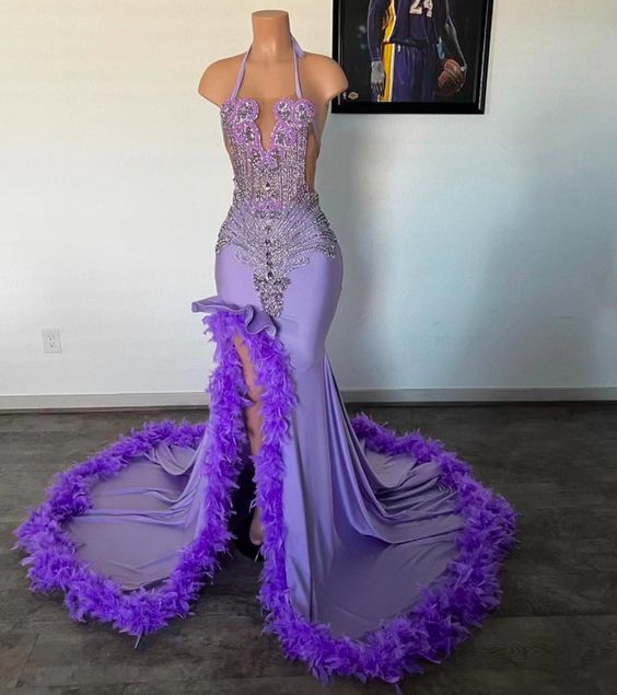 Purple Prom Dresses Luxury Halter Crystals Fashion Party Dresses Women Beaded Feather Sexy Black Girls Evening Gown