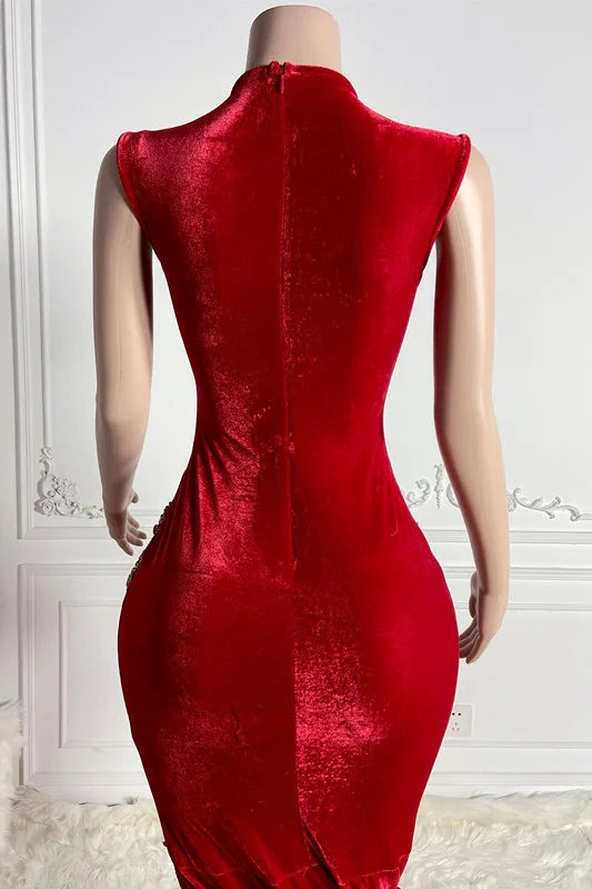 Red Scoop Sleeveless Formal Dresses Mermaid With Split Beadings Crystals