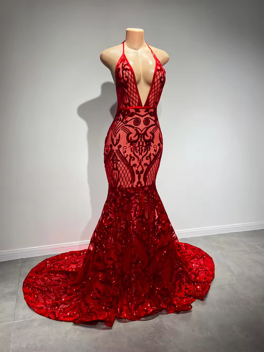 Long Sexy Prom Dress 2025 Halter Mermaid Style Backless Sparkly Red Sequin Black Girls Prom Gala Gowns