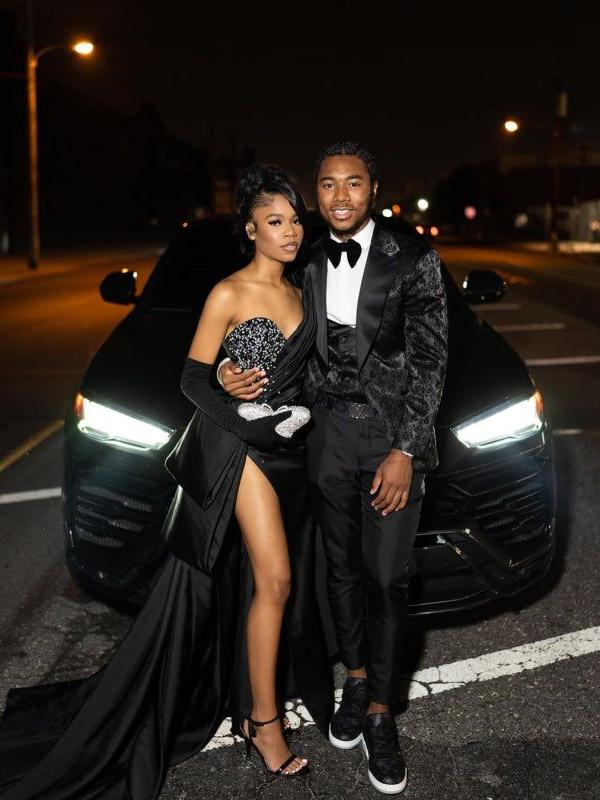 Black Sequin Strapless Prom Dress with Long Slit Pleated