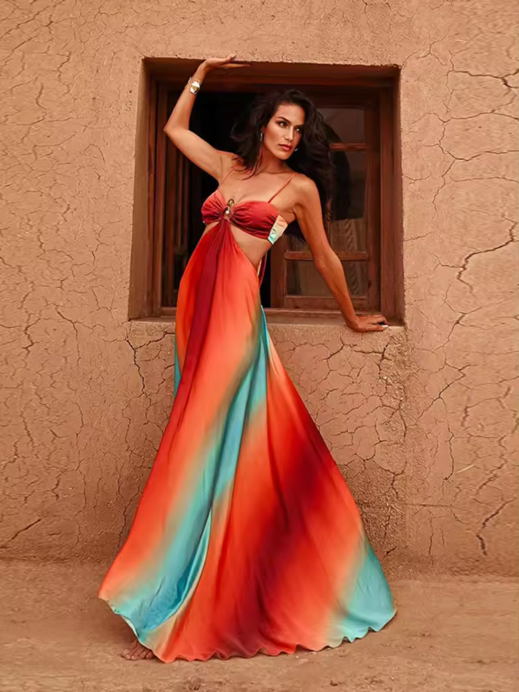 2025 Women Tie-dye Gradient Slim Fit Off Waist Long Dress Sexy Contrast Hollow Out Pleated Hem Robe Chic Lady Party Holiday Wear