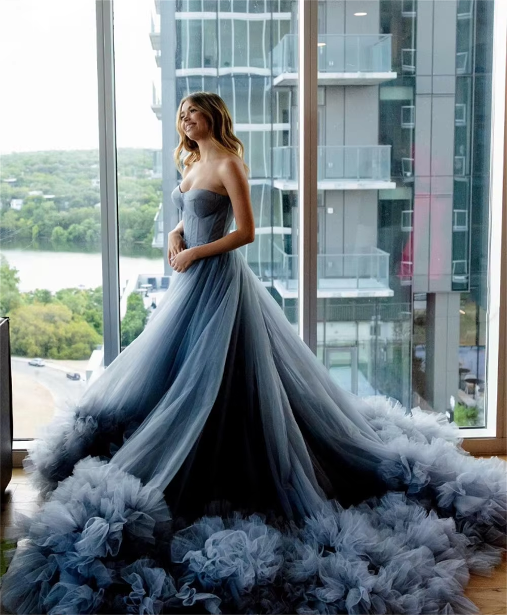 Blue Prom Dresses Strapless Tulle Evening Dress Sweet Trailing Princess Formal Occasion Party Dresses Customized