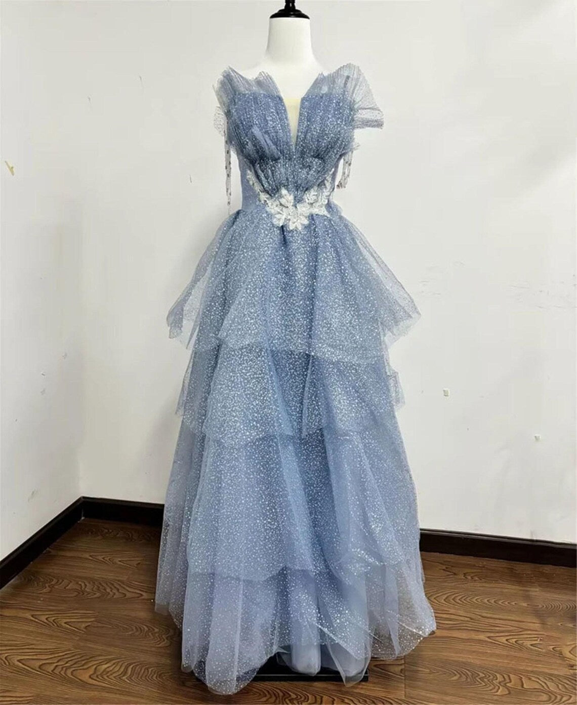 Blue Tulle Princess Prom Dress,Sweetheart Gowns,V Neck A-line Prom Dress,Fairy prom dress,Wedding dress,Elegant party dress,Bridesmaid gown