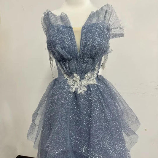 Blue Tulle Princess Prom Dress,Sweetheart Gowns,V Neck A-line Prom Dress,Fairy prom dress,Wedding dress,Elegant party dress,Bridesmaid gown