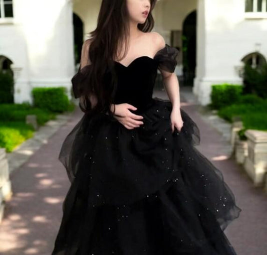 Black Glitter Tulle Puffy Prom Dress, Off Shoulder Evening Prom Dress, Wedding Dress, Princess Dress, School Party Dress, Bridal Dress