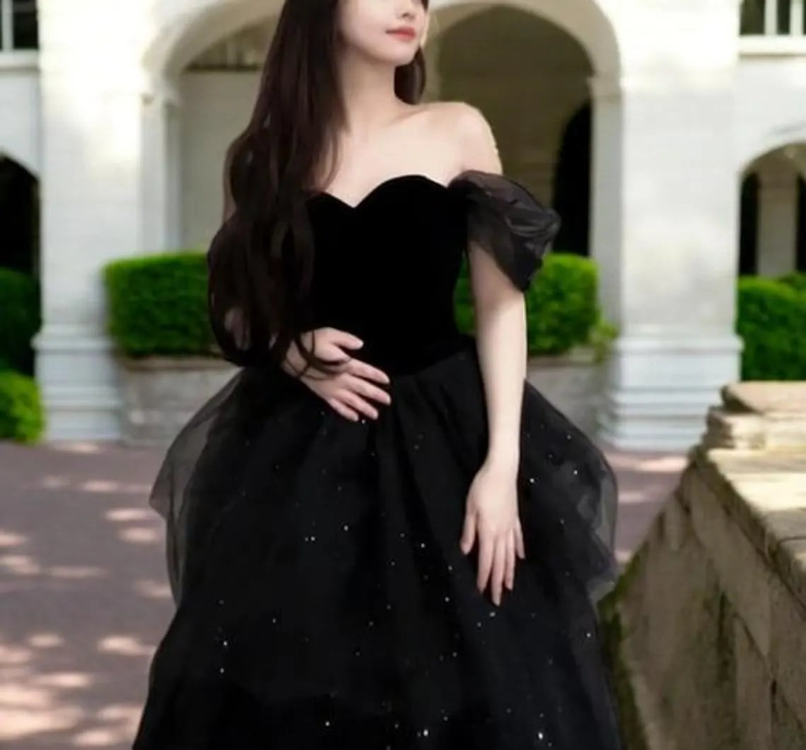 Black Glitter Tulle Puffy Prom Dress, Off Shoulder Evening Prom Dress, Wedding Dress, Princess Dress, School Party Dress, Bridal Dress