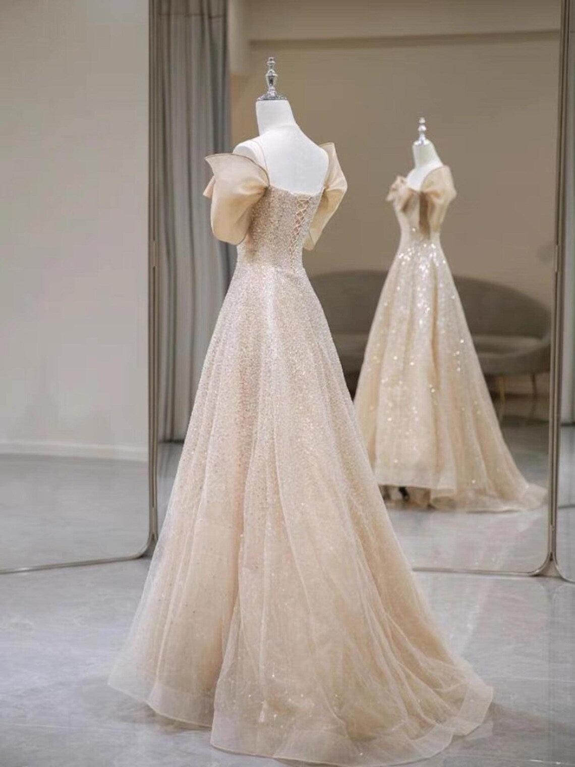 Champagne Sequin Tulle Sequin,Sweep Train Gown,Evening Gowns,Bridesmaid Dress,Wedding Dress,Off Shoulder Lace Formal Long Dress