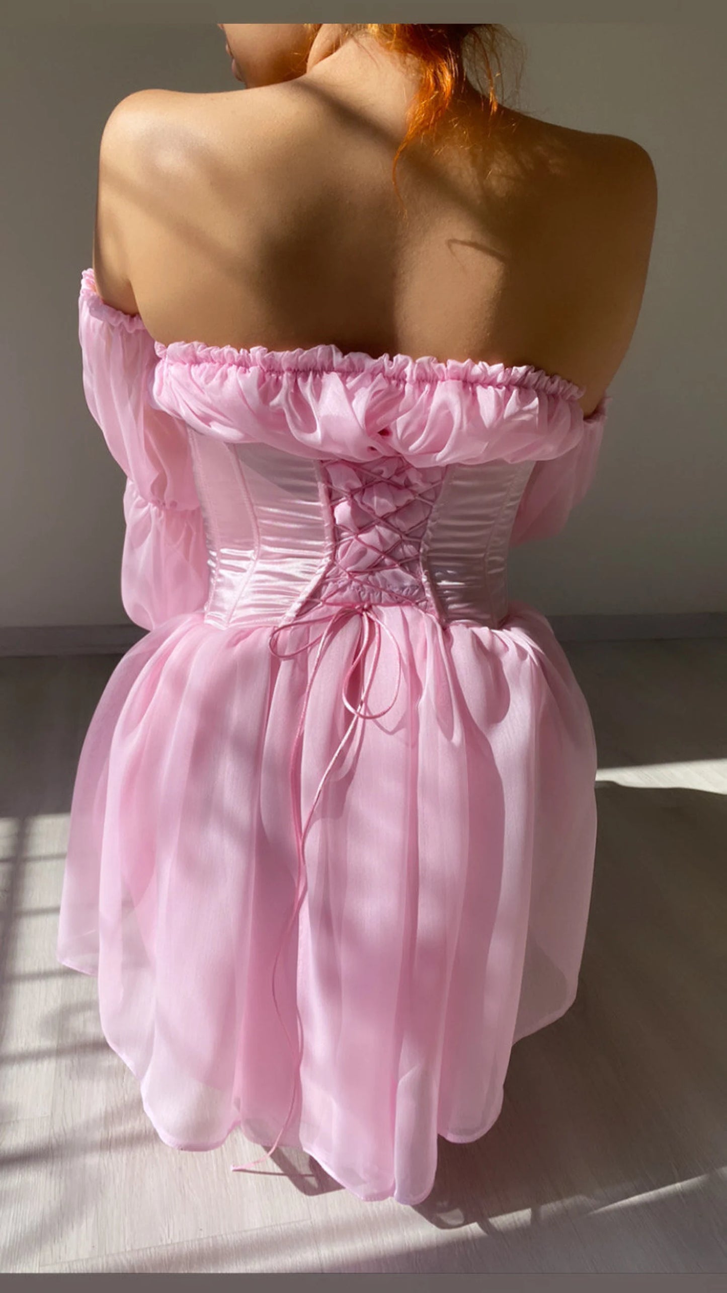 pink waist corset chiffon dress/tulle sleeve pink dress/satin waist corset dress/strapless pink dress/birthday
