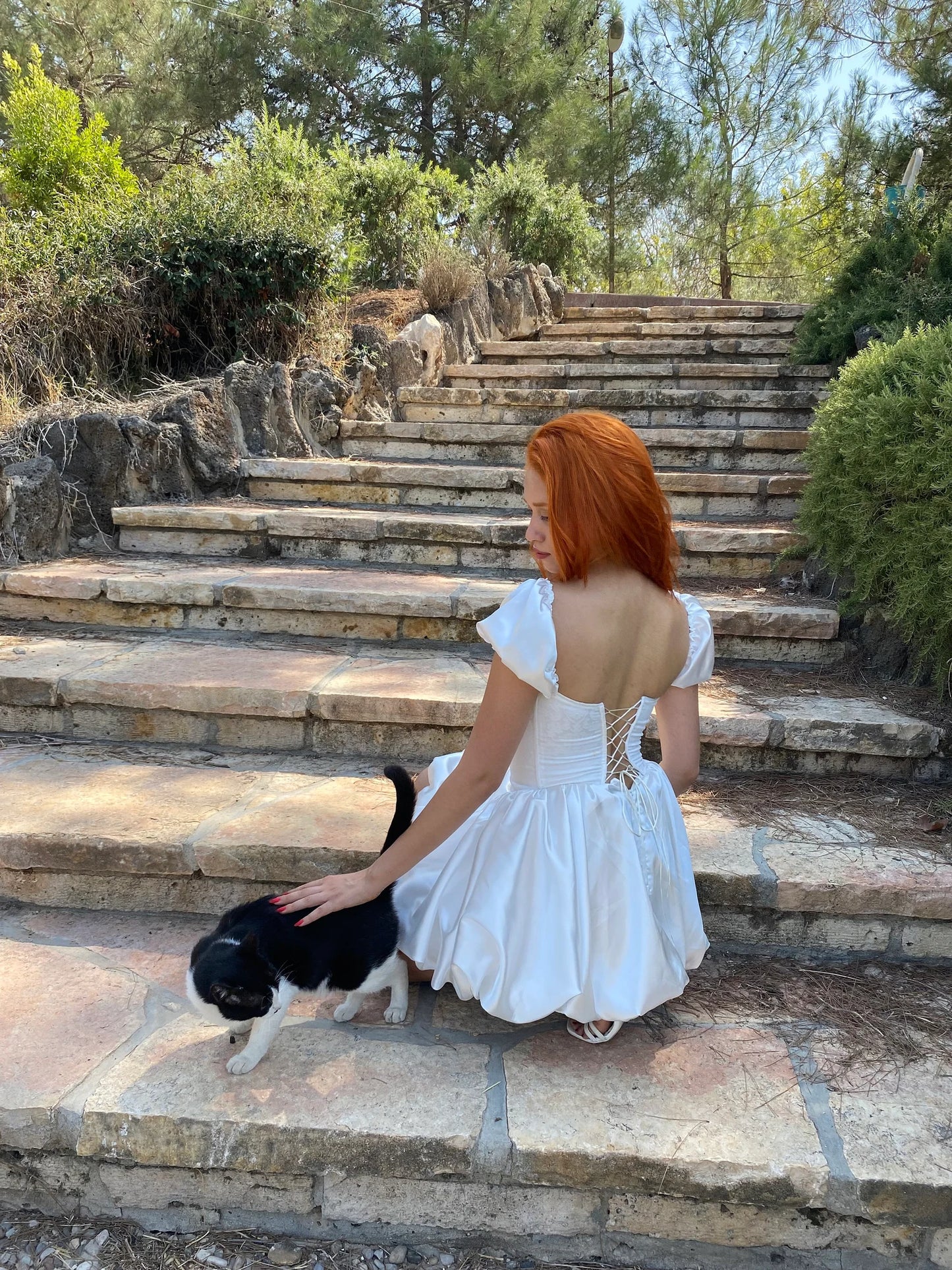 off white satin balloon skirt corset dress/white jacquard satin watermelon sleeve model corset dress/Prom,Birthday