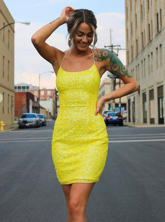 Sexy Sheath Yellow Dress Short Homecoming Dress