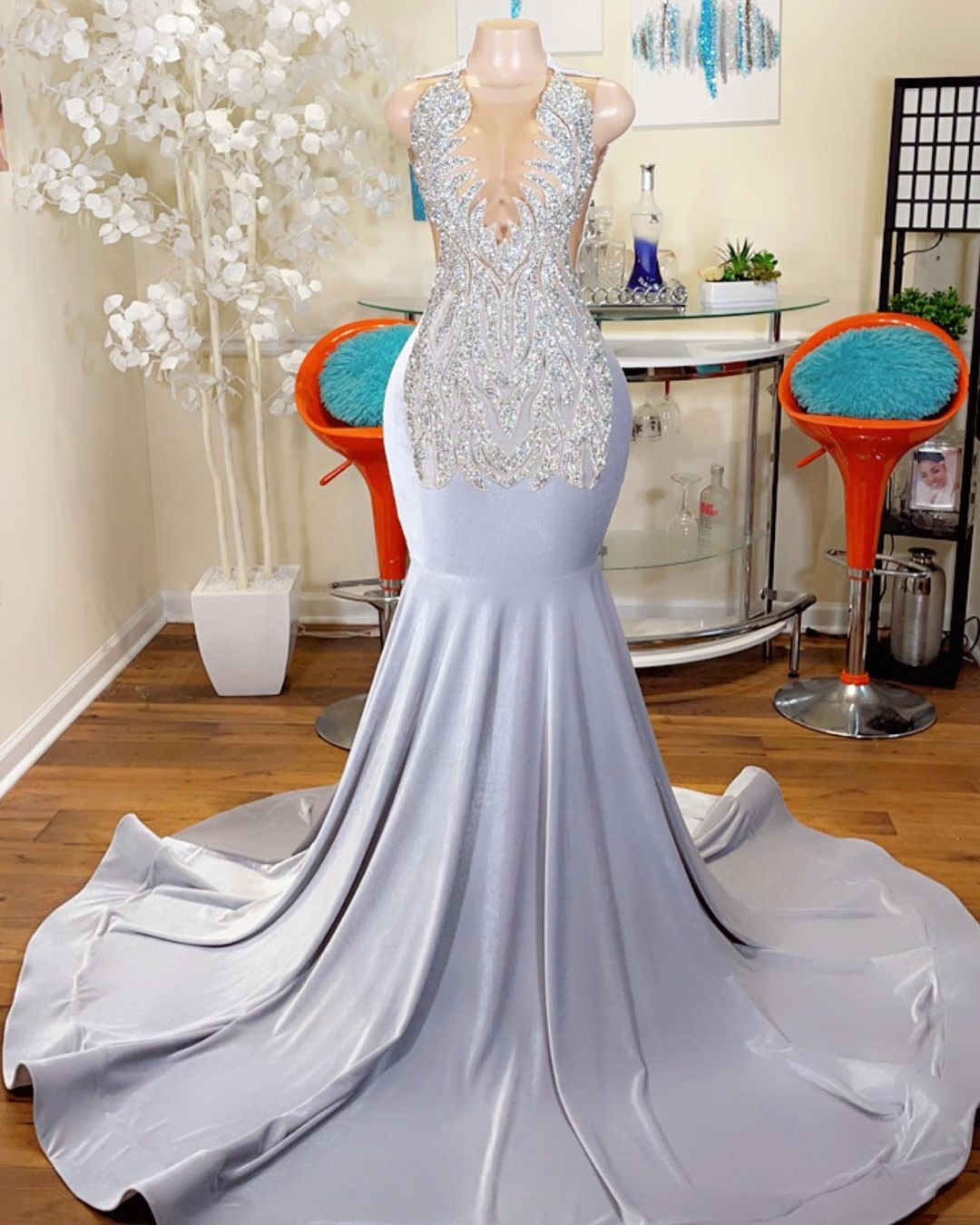Long Prom Dresses Sexy Mermaid Style Luxury Beaded Diamond Black Girl Silver Prom Party Formal Gowns
