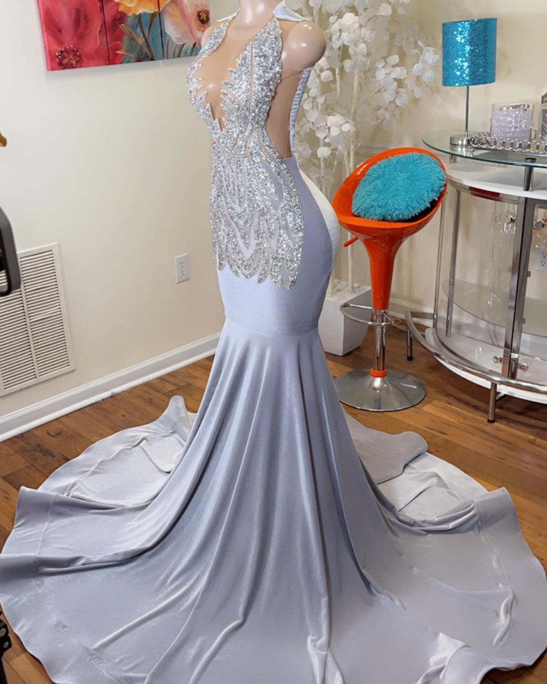 Long Prom Dresses Sexy Mermaid Style Luxury Beaded Diamond Black Girl Silver Prom Party Formal Gowns