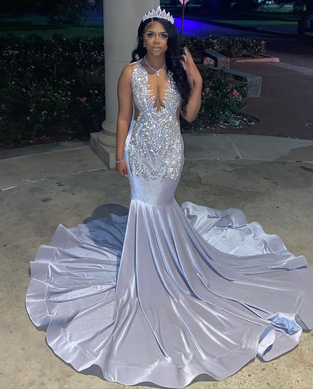 Long Prom Dresses Sexy Mermaid Style Luxury Beaded Diamond Black Girl Silver Prom Party Formal Gowns