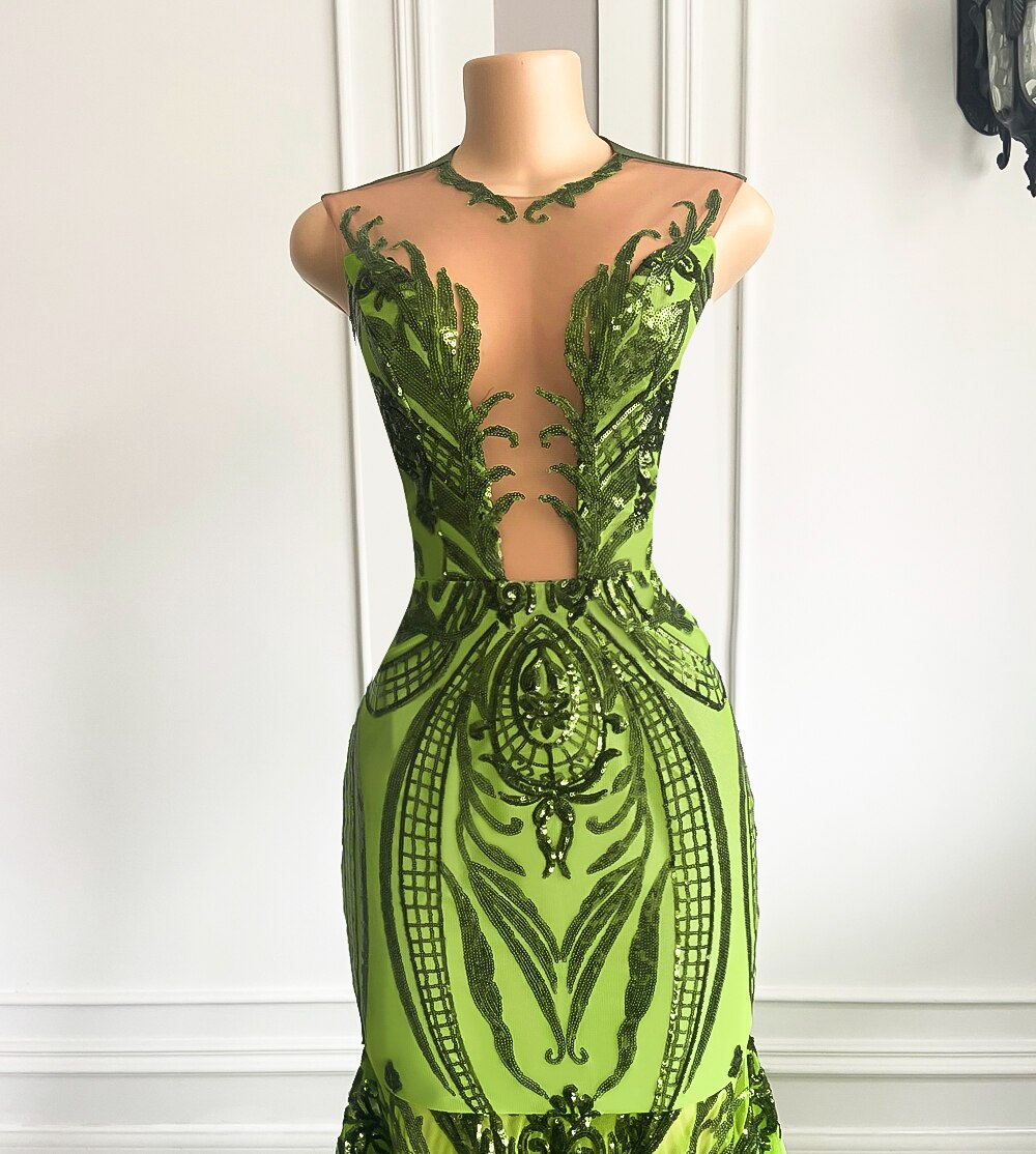 Long Sparkly Prom Dresses Sexy Mermaid Style Sheer O-neck Mint Green Black Girl Prom Gala Party Gowns