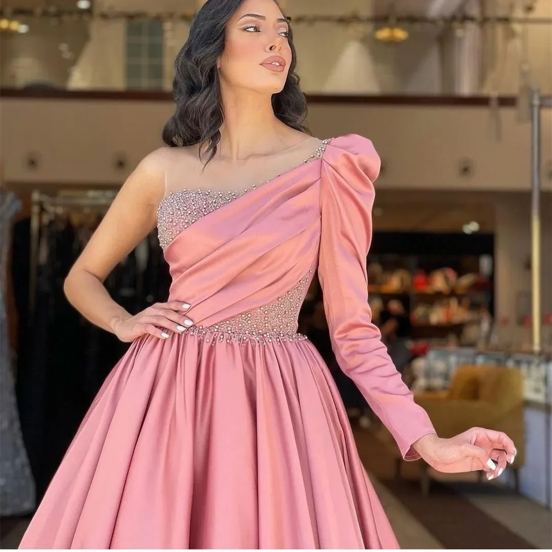 One Shoulder Long Sleeve Pink Satin Prom Dresses Pleat A Line Sweep Train