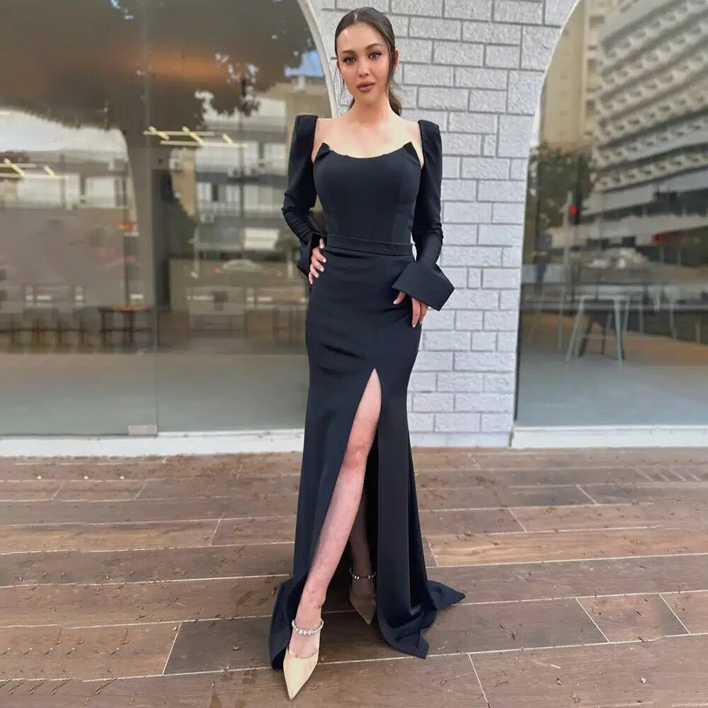 Sexy Evening Dress Black Side Split Long Sleeves Mermaid Evening Gowns for Women Belt Trumpet Formal Party Dresses Long