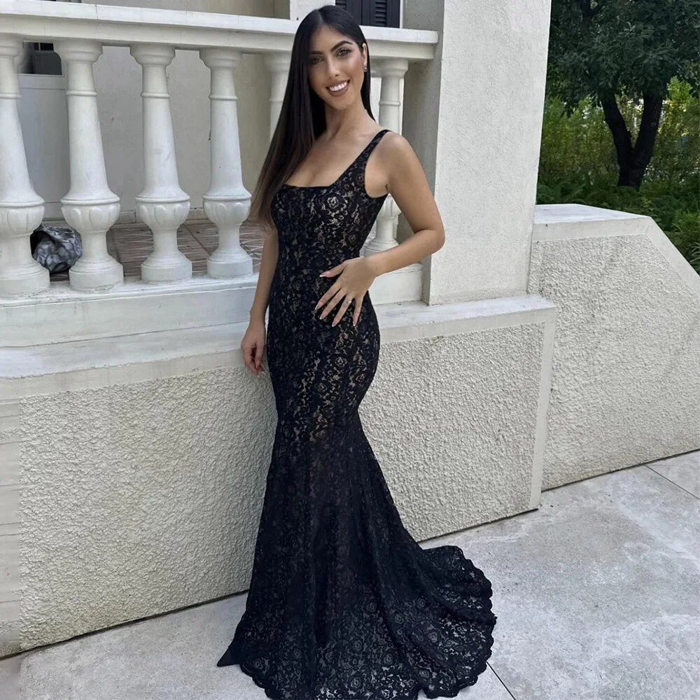 Sexy Evening Dresses Black Lace Square Collar Tank Mermaid Evening Gowns for Women Backless Sleeveless Formal Party Dress