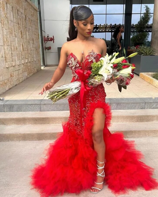 Red Luxury African Mermaid Prom Recaption Dress for Women Sweetheart Sexy Slit Black Girl Graduation Evening Gown