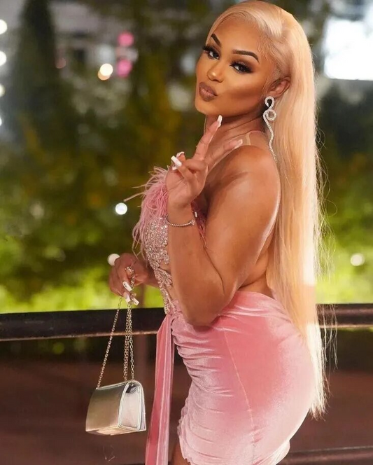 Pink Velvet Short Prom Birthday Dress Sheer Mesh Crystal Ostrich Feather Cocktail Party Gown