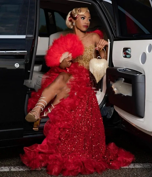 Luxury Red Sequins Split Mermaid Prom Dress For Black Girls Sheer Neck Ruffles For African Women Evening Party Gowns