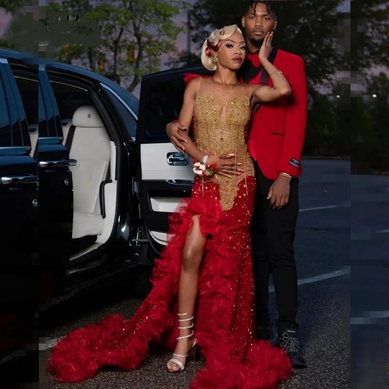 Luxury Red Sequins Split Mermaid Prom Dress For Black Girls Sheer Neck Ruffles For African Women Evening Party Gowns