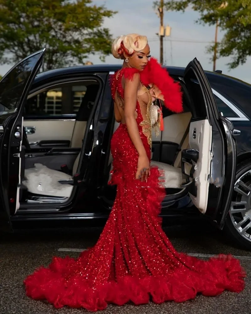 Luxury Red Sequins Split Mermaid Prom Dress For Black Girls Sheer Neck Ruffles For African Women Evening Party Gowns