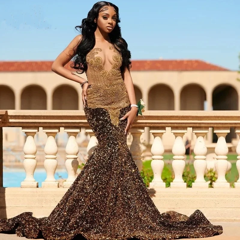 Sparkly Brown Sequins Mermaid Prom Dresses Sheer Neck Crystal Plus Size Birthday Party Gown Long
