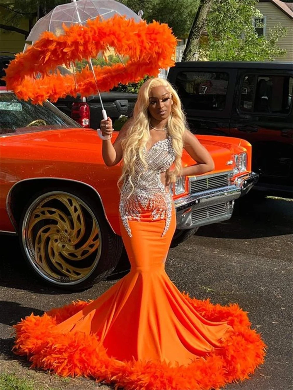 Orange Crystal Orange Feathers Long Prom Dresses For Black Girls African Mermaid Birthday Evening Party Gown