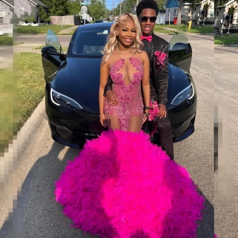 Hot Pink Prom Dress For Black Girls Rhinestone Feathers Mermaid Party Gowns See Through Top