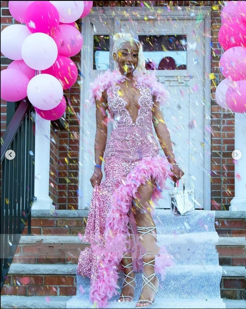 Sparkly Pink Plus Size Mermaid Prom Dresses Glitter Sequins Bead Feather Sweep Train Birthday Party Gowns