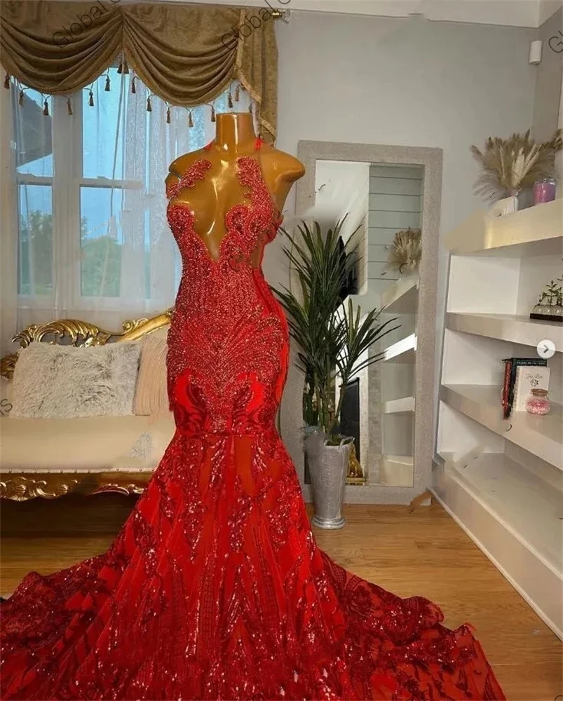 Red Halter Long Prom Dress For Black Girls Beaded Rhinestone Birthday Party Dresses Sequined Ruffles Evening Gown With Cape