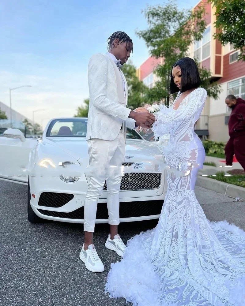 White Prom Dresses For Black Girls V Neck Rhinestone Sequin Party Gowns Long Sleeves Feathers