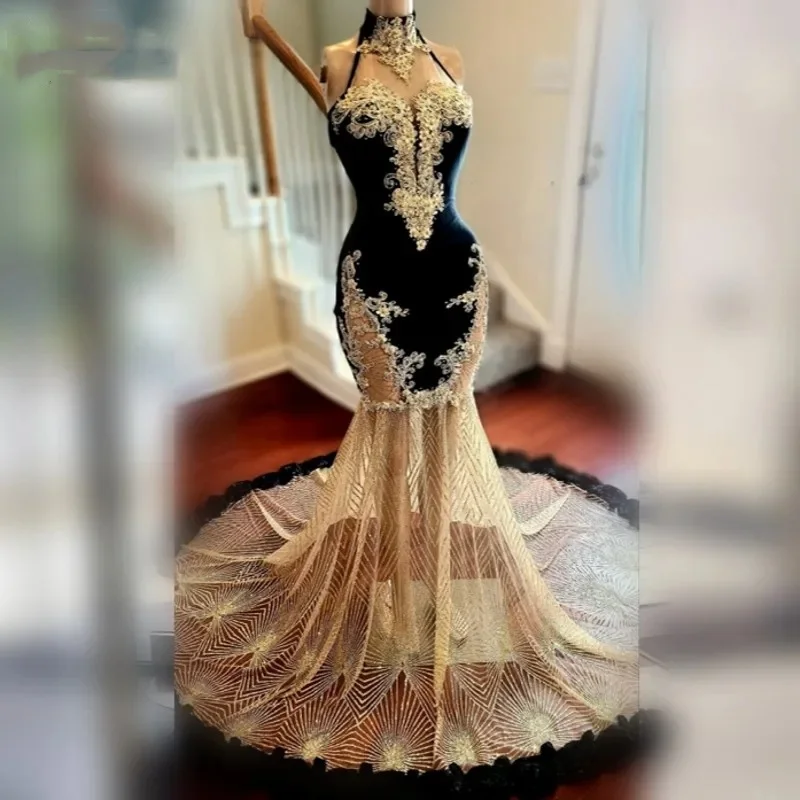 Elegant Black and Gold Sequin Prom Dress For Black Girls Luxury High Neck Lace Applique Party Gowns