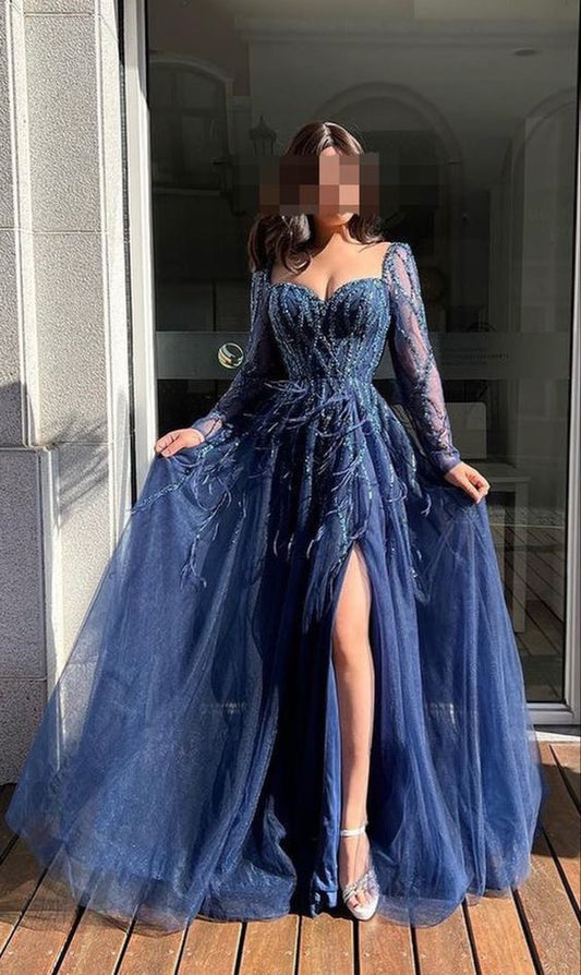 Tulle A Line Long Sleeves Evening Dress
