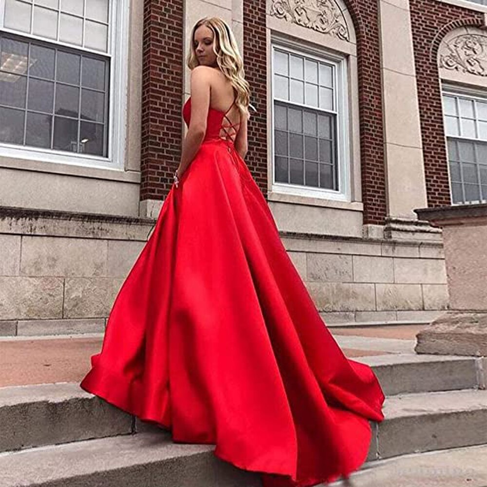 V Neck Beaded Satin A-line Ball Gown Prom Dress Women's Long Spaghetti Straps with Pockets vestidos de fiesta robes de soirée,MW022